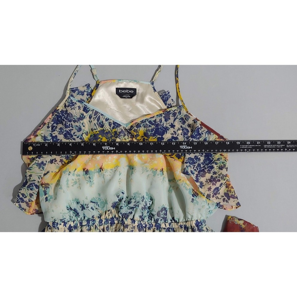 Bebe Floral Print Maxi Dress L Ruffle Tiered Spaghetti Strap V Neck Yellow Blue - Picture 12 of 13